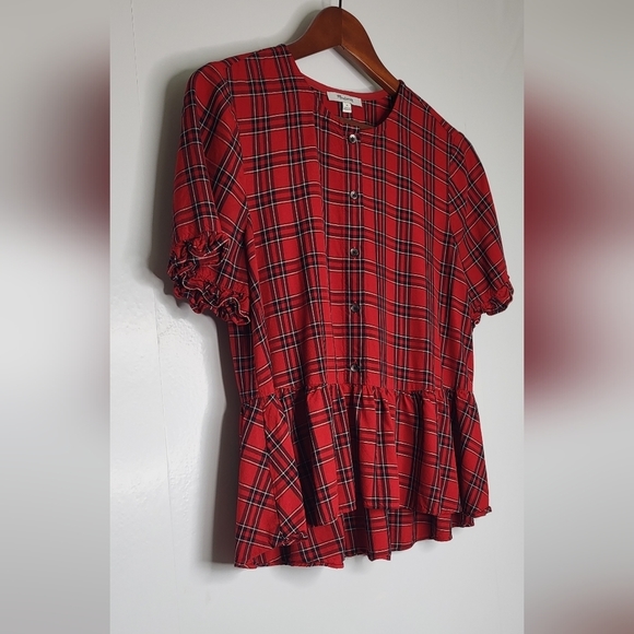 MADEWELL Red Plaid Ruffled Top. Button up. Ladies Size Medium. - Picture 3 of 15